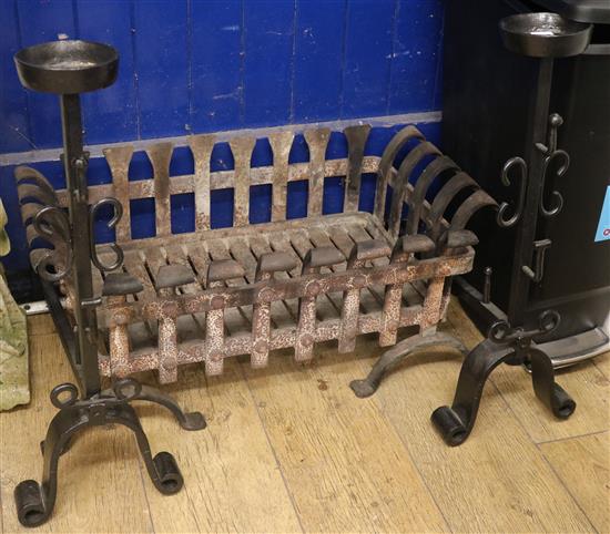 A wrought iron fire basket and a pair of fire dogs, W.69cm